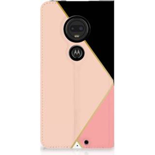 👉 Standcase zwart roze Motorola Moto G7 | Plus Uniek Hoesje Black Pink Shapes 8720091018068