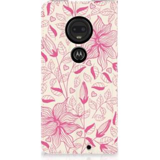 👉 Standcase roze Motorola Moto G7 | Plus Uniek Hoesje Pink Flowers 8720091037953