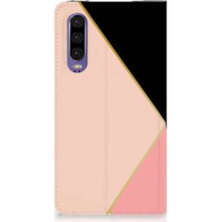 👉 Standcase zwart roze Huawei P30 Uniek Hoesje Black Pink Shapes 8720091421653