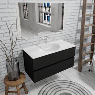 👉 Badmeubel zwart mat MDF hangend sevilla Zaro Solid Surface 100cm geen kraangat met 2 lades spoelbak midden 7439656245290
