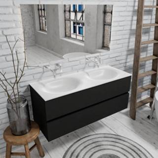👉 Badmeubel zwart mat MDF hangend sevilla Zaro Solid Surface 120cm geen kraangat met 2 lades dubbele spoelbak 7439656245207