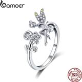👉 Zilver vrouwen BAMOER New Arrival 925 Sterling Silver Fairy & Daisy Flower Open Size Finger Rings Women Wedding Engagement Jewelry BSR025