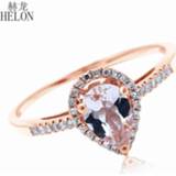 👉 Rose goud HELON 5x7mm Pear Morganite Pave Natural Diamonds Ring Solid 10K Gold Engagement Wedding Gemstone Fine Jewelry