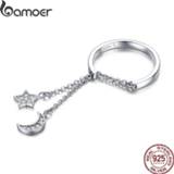 👉 Zilver vrouwen BAMOER Authentic 925 Sterling Silver Moon and Star Link Chain Adjustable Finger Rings for Women S925 2019 New Design SCR407