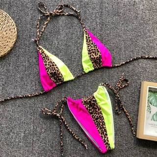 👉 Bikini donkergroen 2 PC's driehoek Leopard Bikinis Neon Sexy Swimwear String push-up Set Size:M(Green) 8212099120268