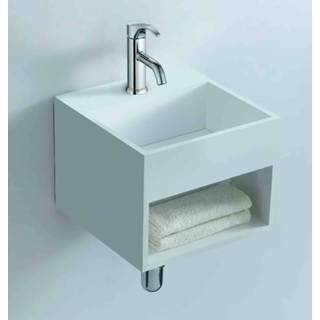 👉 Fontein wit solid surface vierkant Luca met open schap 32,5x32,5x25cm kraangat mat