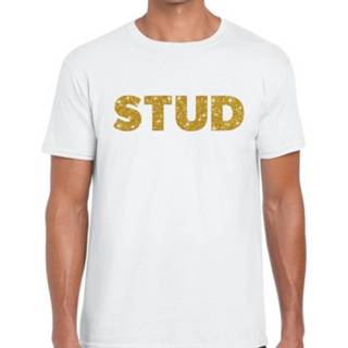 👉 Shirt wit goud katoen mannen s Stud glitter tekst t-shirt heren