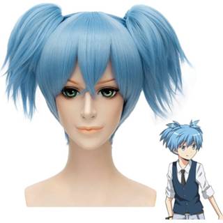 👉 Pruik blauw synthetisch Anime moord klaslokaal Shiota Nagisa paardenstaart cosplay kostuum haar (blauw)