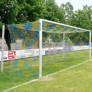 👉 Aluminum voetbaldoelen 7,32 x 2,44 m, in bodemhulzen, met vrije netophanging, Wit gemoffeld, Integrale netbevestiging