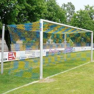 👉 Aluminum voetbaldoelen 7,32 x 2,44 m, in bodemhulzen, met vrije netophanging, Wit gemoffeld, Nethouder