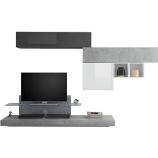 👉 Wit grijs spaanplaat eiken TV-wandmeubel set Mistro in hoogglans wit/grijs beton/hoogglans