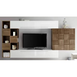 👉 Wit spaanplaat glans TV-wandmeubel set Dino in hoogglans met walnoot
