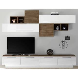 👉 Wit spaanplaat glans TV-wandmeubel set Helsing in hoogglans met walnoot