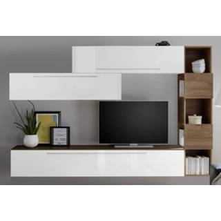 👉 Wit spaanplaat glans TV-wandmeubel set Vika in hoogglans met walnoot