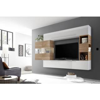 👉 Eiken wit spaanplaat TV-wandmeubel set King in hoogglans met