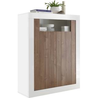 👉 Opbergkast wit spaanplaat glans Urbino 144 cm hoog in hoogglans met walnoot