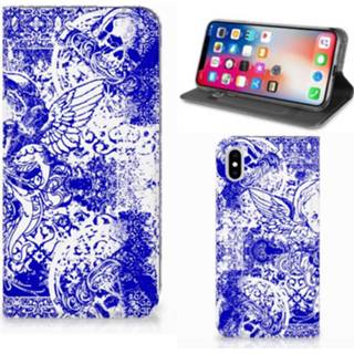 👉 Mobiel BookCase Apple iPhone Xs Max Angel Skull Blauw