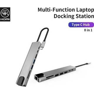 👉 Laptop dockingstation grijs 8IN1 USB-C Multi-function Docking Station Converter Type-C to PD+USB*2+HDTV+Type-C+SD+TF+RJ45 87W Adapter Grey