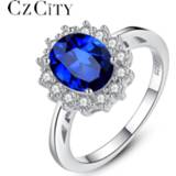 👉 Zilver vrouwen blauw CZCITY Princess Diana William Kate Gemstone Rings Sapphire Blue Wedding Engagement 925 Sterling Silver Finger Ring for Women