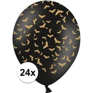 👉 Halloween ballon zwart gouden - 24x Zwart/gouden ballonnen 30 cm met vleermuizen print