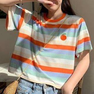 👉 Shirt roze Fruit Embroidered Striped Short-Sleeve T-Shirt