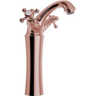 👉 Wastafelmengkraan Rose Gold goud messing mengkraan met clickwaste antea opbouw kruisgreep keramisch standaard perlator Sapho 2-knop Gebogen Hoog 24.5 cm (incl. pop-up waste) 8590913859243