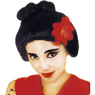 👉 Pruik zwarte rode active Geisha Kyona met mooie bloem 8003558060191
