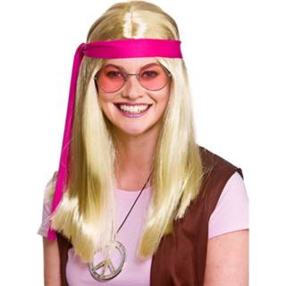 👉 Blonde hippiepruik roze active Mooie hippie pruik met bril en ketting 5055294884312
