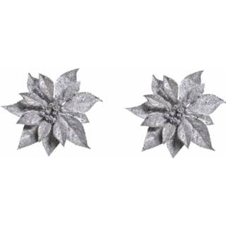 👉 Kerstster zilveren 2x Kerstboomversiering bloem op clip 18 cm