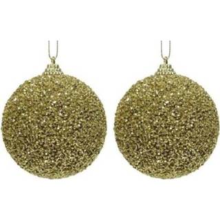 👉 Kerstbal gouden kunststof 2x glitter kralen kerstballen 8 cm