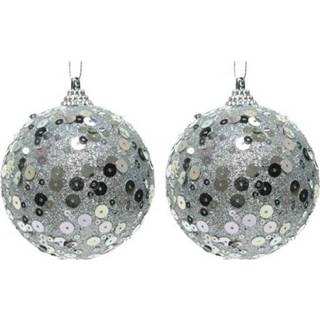 Paillet zilveren kunststof 2x glitter/pailletten kerstballen 8 cm