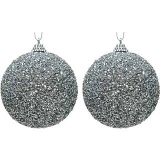 Kerstbal zilveren kunststof 2x glitter kralen kerstballen 8 cm