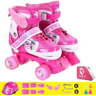 👉 Rolschaats roze m kinderen Verstelbare Full Flash dubbele rij vier wiel rolschaatsen schaatsen schoenen set grootte: (roze) 8226889969593