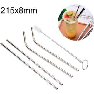 Borstel RVS stro zilver 4 STKS herbruikbare drinken + Cleaner set Kit 215 * 8mm (zilver) 6922740544405