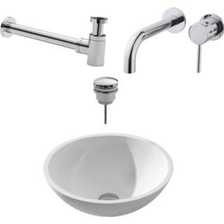 👉 Inbouwkraan Mat Wit solid surface met clickwaste Waskomset Solidsurface Incl Chromen Afvoer en Waste 8719304542339