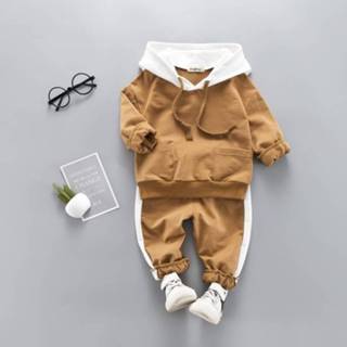 👉 2 in 1 lente en herfst jongens casual kleding set terug belettering patroon hooded sweater + broek, hoogte: 110cm (bruin geel)