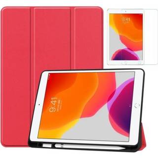👉 Pencil rood active IPad 10.2 inch (2019) hoes - Tri-Fold Book Case met Apple houder + Screenprotector 8719793062455