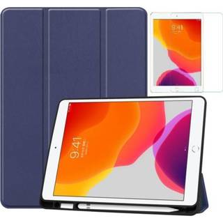 👉 Pencil blauw active IPad 10.2 inch (2019) hoes - Tri-Fold Book Case met Apple houder + Screenprotector Donker 8719793062424