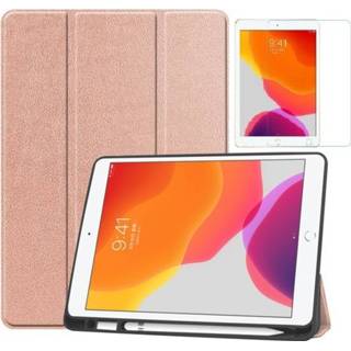 👉 Pencil goud active IPad 10.2 inch (2019) hoes - Tri-Fold Book Case met Apple houder + Screenprotector Rosé 8719793062486