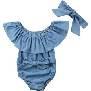 Jumpsuit blauw active rompers vrouwen baby's kinderen Vrouwelijke Denim lotusblad kraag van schouder jumpsuits driehoek Romper + strikje knoopset, kind maat: 80cm (lichtblauw)