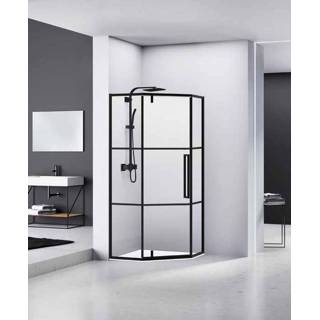 👉 Douchecabine zwart Bewonen Wilco vijfhoek 90x90cm raster mat