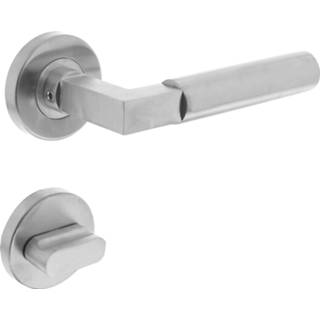 👉 Deurkruk roestvaststaal modern deurknop geborsteld Intersteel Bau-stil op rozet met toilet-/badkamersluiting 8714186298350