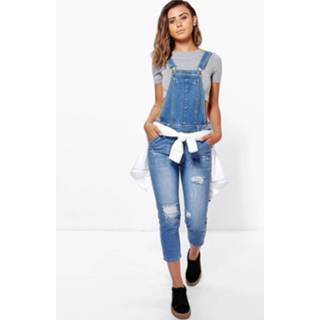 👉 Vrouwen Mid Blue blauw Petite Distressed 3/4 Dungaree