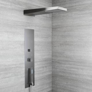 👉 Douchepaneel RVS modern bouw grijs thermostaatkraan keramische schijf FLUSH II 2-delig inbouw met waterval & regendouchekop - Gun Metal 5051752328497