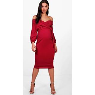 👉 Dress vrouwen zwart ivoor Coral Blush berry sky Maternity Off The Shoulder Wrap Midi