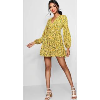 👉 Dress vrouwen mustard Ruched Waist Floral Tea Dress, 3030714616