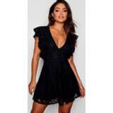 👉 Shirt blush vrouwen zwart terracotta ivoor Lace Ruffle Sleeve Skater Dress