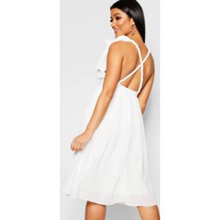 👉 Skater dress vrouwen ivoor Chiffon Pleated Back Midi Dress, Ivory