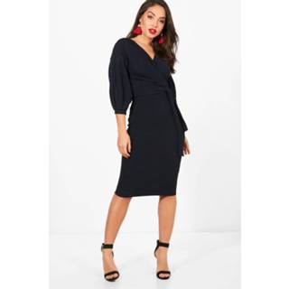 👉 Dress marine vrouwen Off The Shoulder Wrap Midi Bodycon Dress, Navy