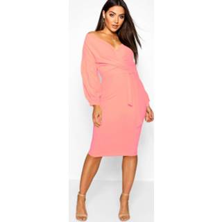 👉 Dress Coral Blush vrouwen Off The Shoulder Wrap Midi Bodycon Dress, 5689562416